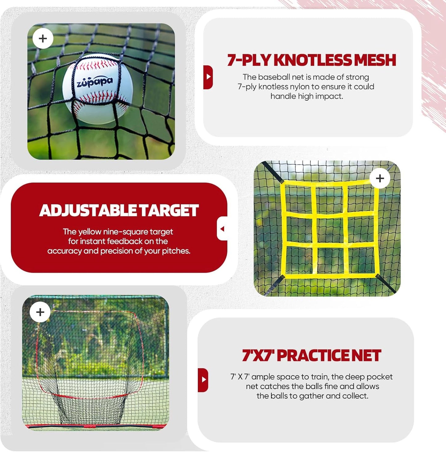 7X7 Feet Baseball Softball Hitting Pitching Net Tee Caddy Set with Strike Zone, Baseball Backstop Practice Net for Pitching Batting Catching for All Skill Levels