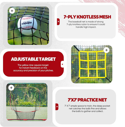 7X7 Feet Baseball Softball Hitting Pitching Net Tee Caddy Set with Strike Zone, Baseball Backstop Practice Net for Pitching Batting Catching for All Skill Levels