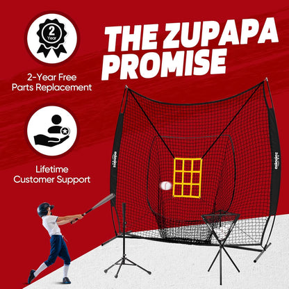 7X7 Feet Baseball Softball Hitting Pitching Net Tee Caddy Set with Strike Zone, Baseball Backstop Practice Net for Pitching Batting Catching for All Skill Levels