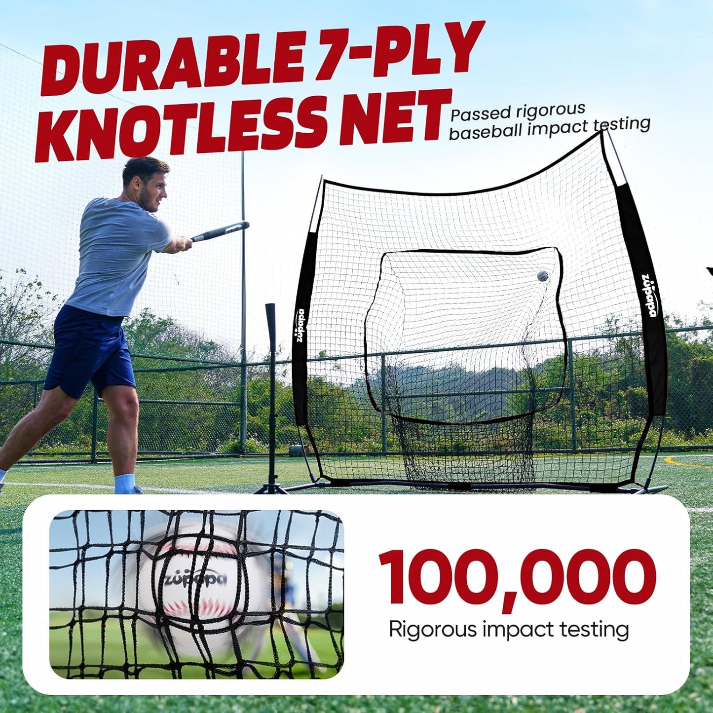 7X7 Feet Baseball Softball Hitting Pitching Net Tee Caddy Set with Strike Zone, Baseball Backstop Practice Net for Pitching Batting Catching for All Skill Levels
